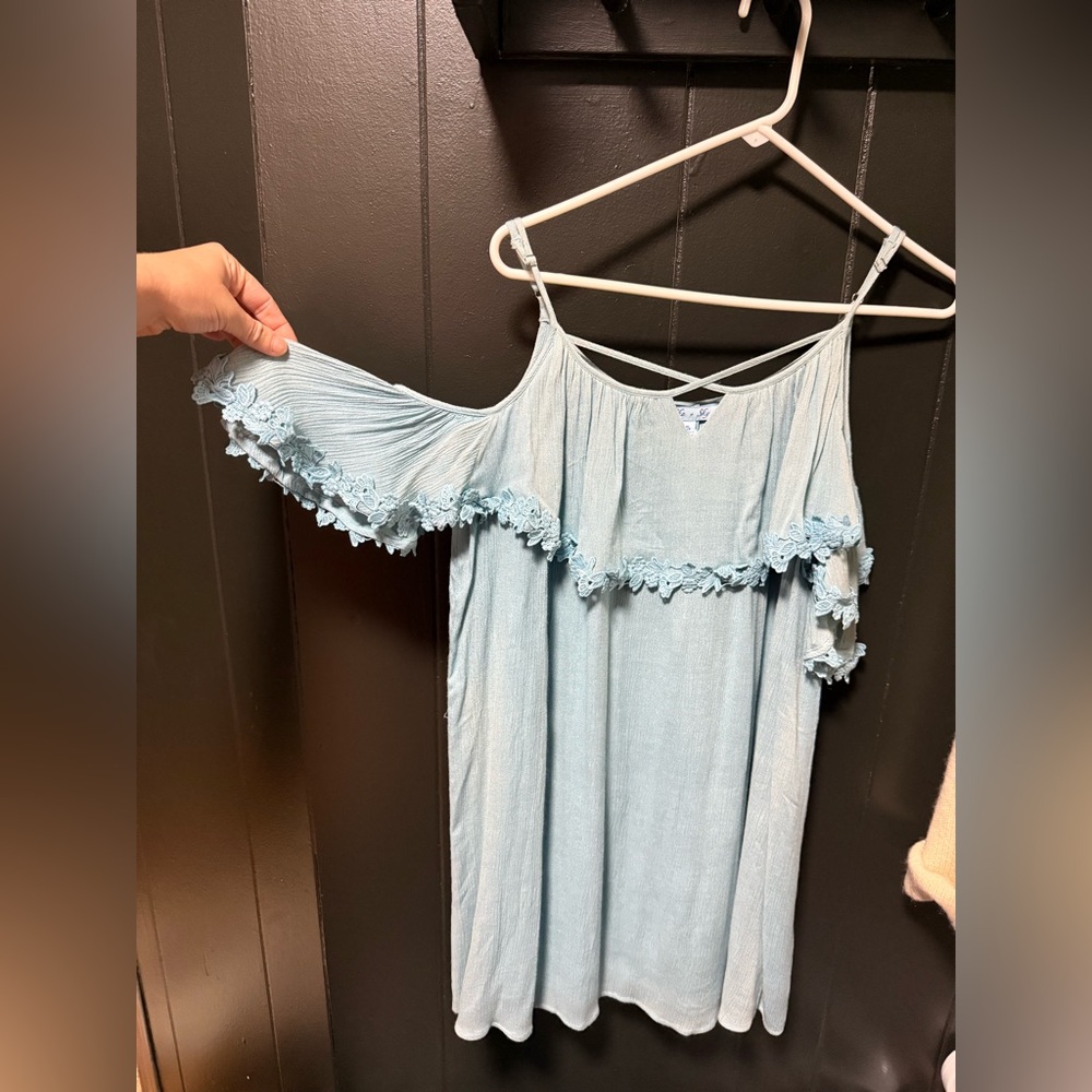 Light Blue Off-Shoulder Dress with Lace Trim